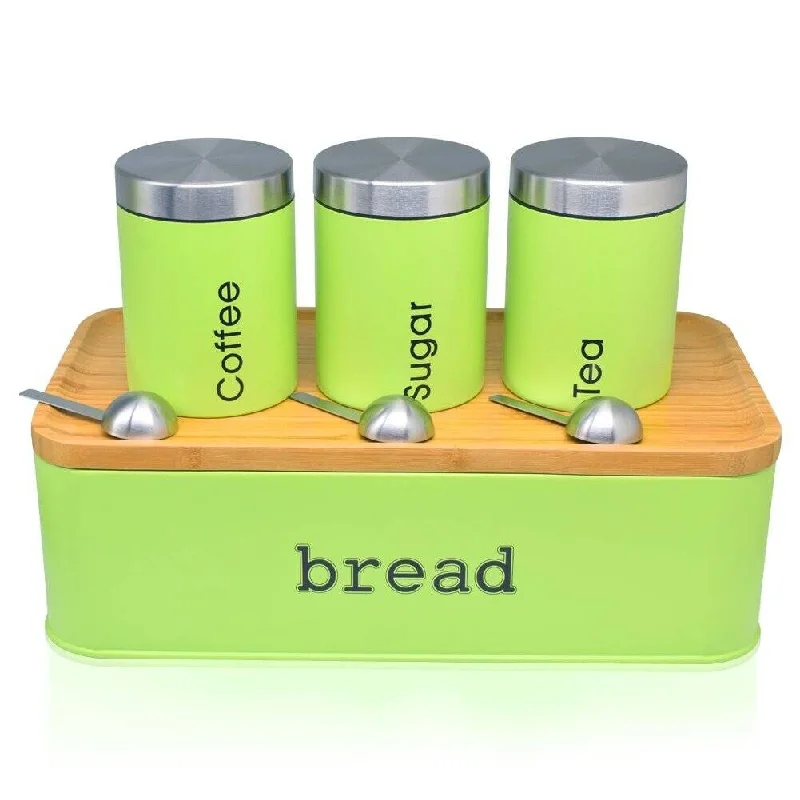 Stainless Steel Bread Box With Bamboo Cutting Board/lid & Canister Set