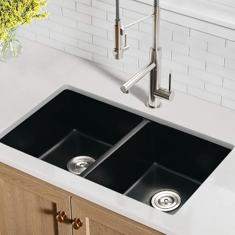 Undermount Double Bowl Quartz Kitchen Sink With Basket Strainer