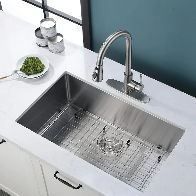 Undermount Single Bowl 18 Stainless Steel in Silver Kitchen Sink with Sink Grid - 27'' x 18''