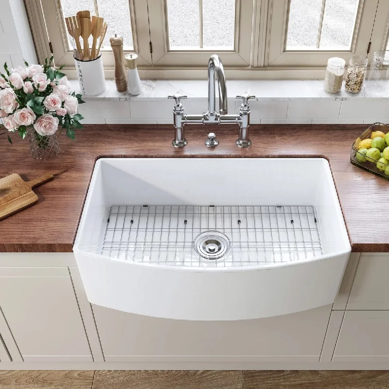 Vanityfair 33" L X 20" W Fireclay Single Basin Farmhouse Arched Edge Kitchen Sink with Accessories