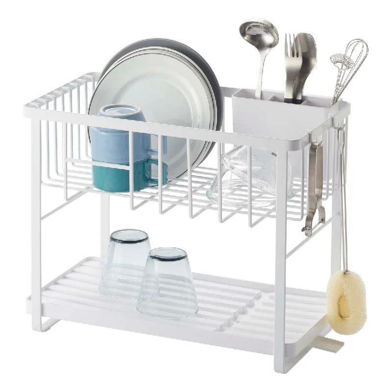 Yamazaki Home Two-Tier Wire Dish Rack, Steel, Holds 28.6 lbs, Adjustable - L 8.66 x W 16.14 x H 12.99 inches