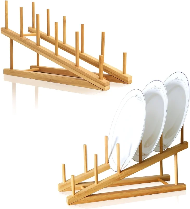 2 PCS Wooden Dish Rack Bamboo Drying Rack Stand Pot Lid Holder Kitchen Cabinet Organizer for Dish Plate Bowl Cup Pot Lid Cutting Board