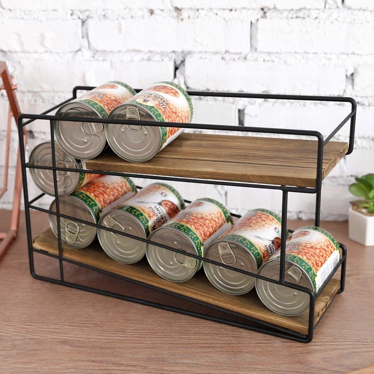 2-Tier Burnt Brown Wood and Black Metal Wire Soda Can or Canned Food Storage Rack