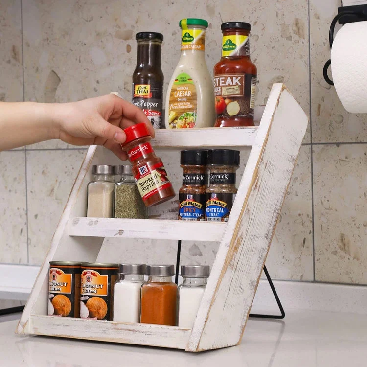 3-Tier Whitewashed Wood Countertop Spice Rack Shelves with Folding Black Metal Wire Support