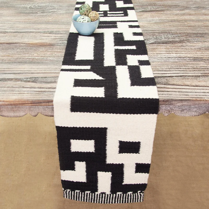 Abstract Forms Abstract Black and Alabaster Wool Table Runner from Peru