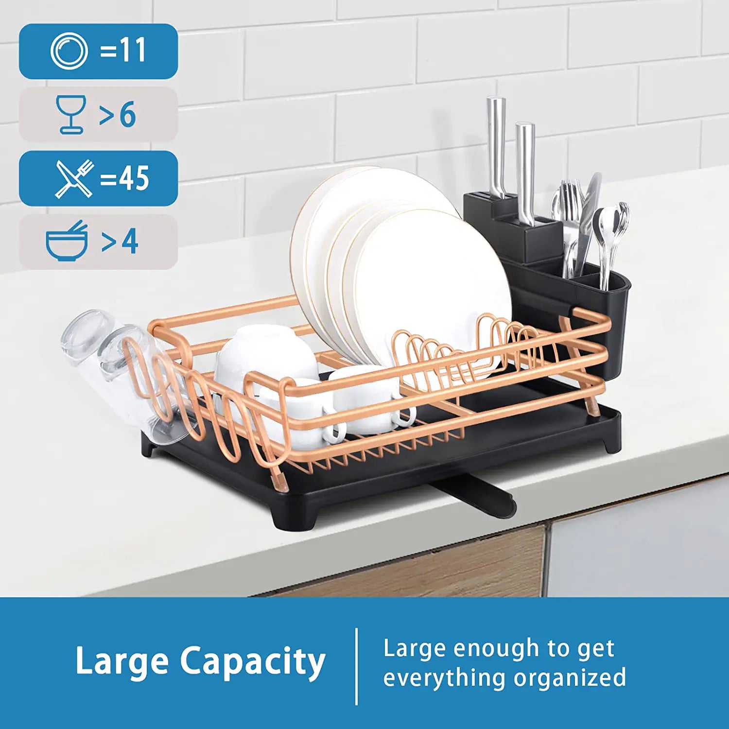 Aluminum Drying Dish Rack Set, Rustproof Sink Dish Rack and Drainboard Set, Rose Gold