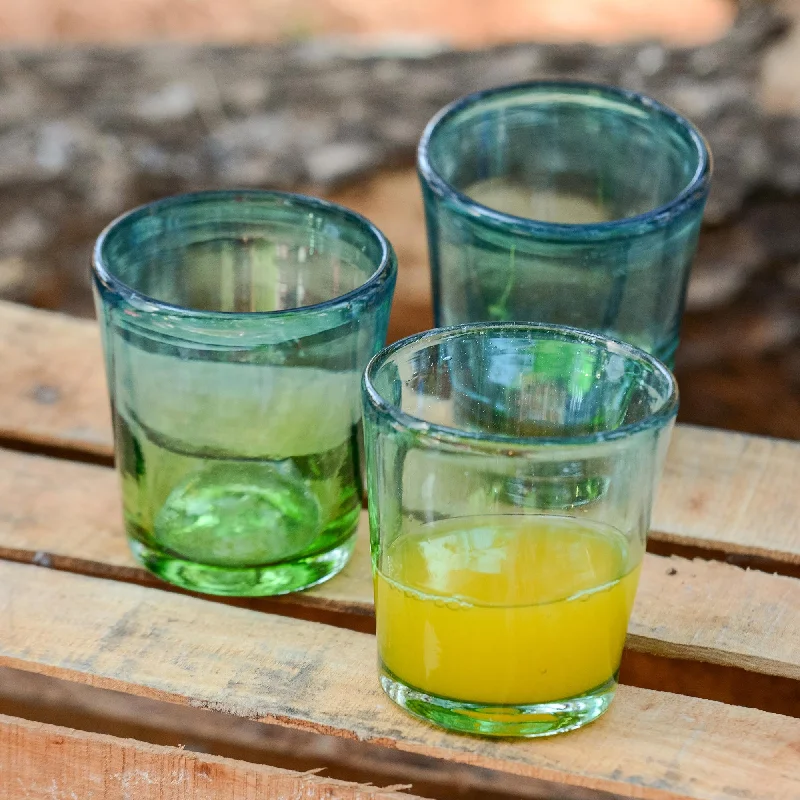 Aurora Tapatia Mexican Green Blue 8 oz Rocks Glasses Hand Blown Set of 6