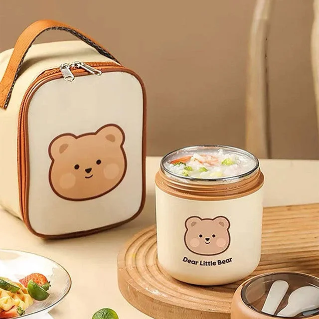 Bear Theme Stainless Steel Spoon & Soup Salad Tiffin Box with Insulated Bag