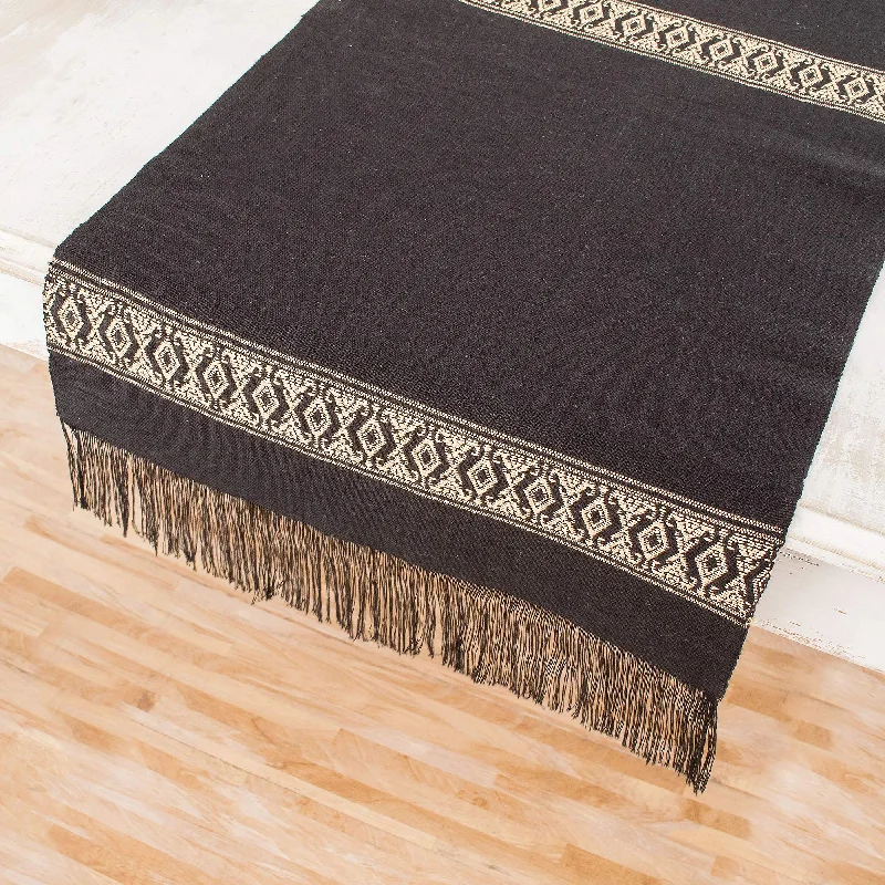 Beige Moon Handwoven Cotton Table Runner in Black from Guatemala