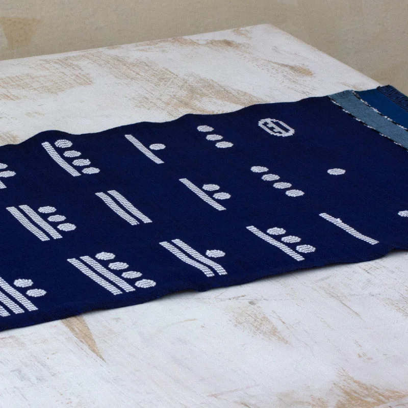 Blue Maya Math Blue Cotton Handwoven Table Runner with Maya Numbers