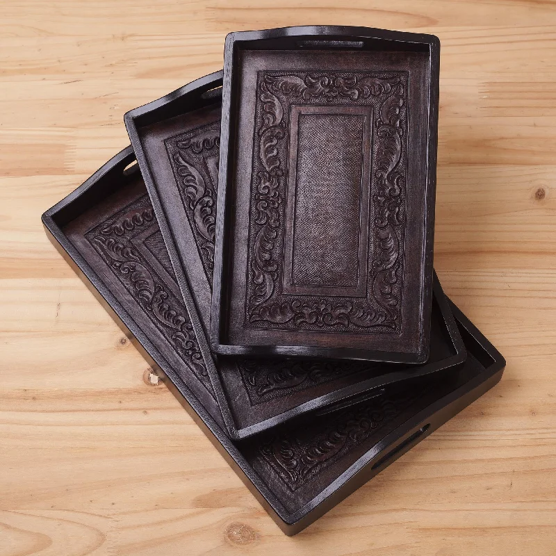 Collector Unique Leather and Wood Serving Trays (Set of 3)