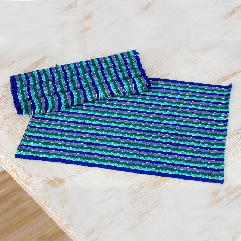 Colors of the Sea Set of Six Striped Cotton Placemats in Blue from Guatemala