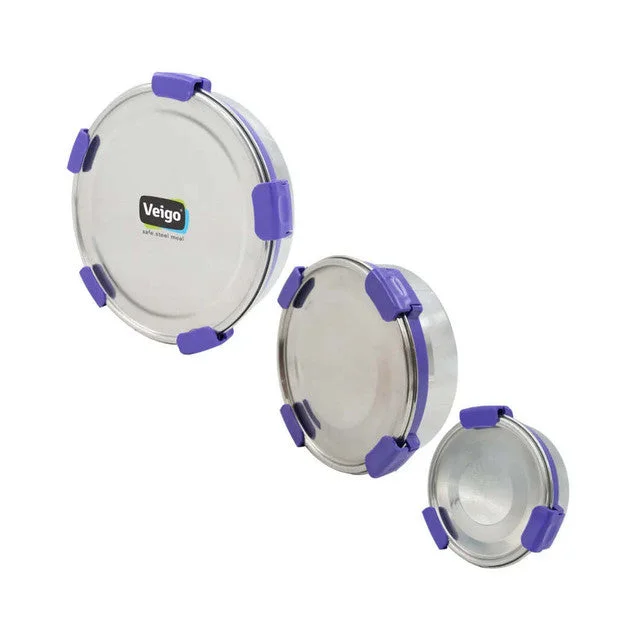 Compact Maxosteel Round Storage Boxes With Reversible Clip Mechanism | Set of 3 | 325 / 700 / 950 ML