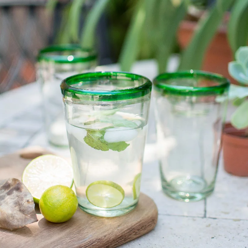 Conical Handblown Glass Clear and Green Water Glasses Set of 6