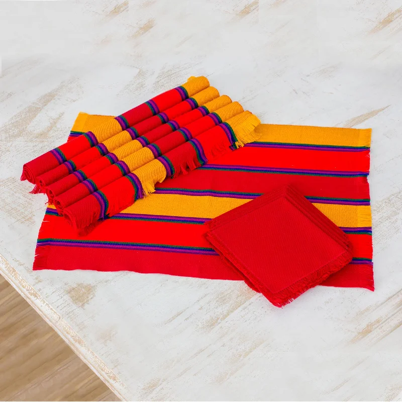 Country Sunset Set of 6 Striped Cotton Placemats and Napkins from Guatemala