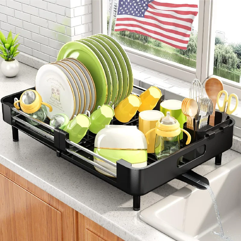 Dish Drying Rack with Utensil Holder, Expandable Dish Rack, Black