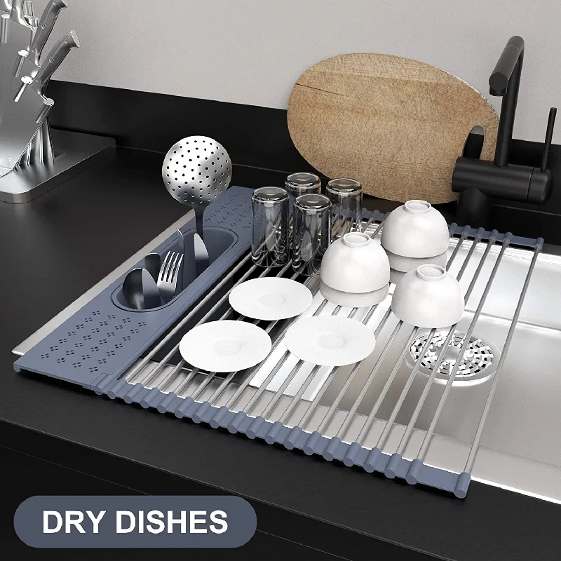 Dish Rack Drying Over Sink Roll Up Kitchen Drainer Stainless Mat Steel Food Multipurpose