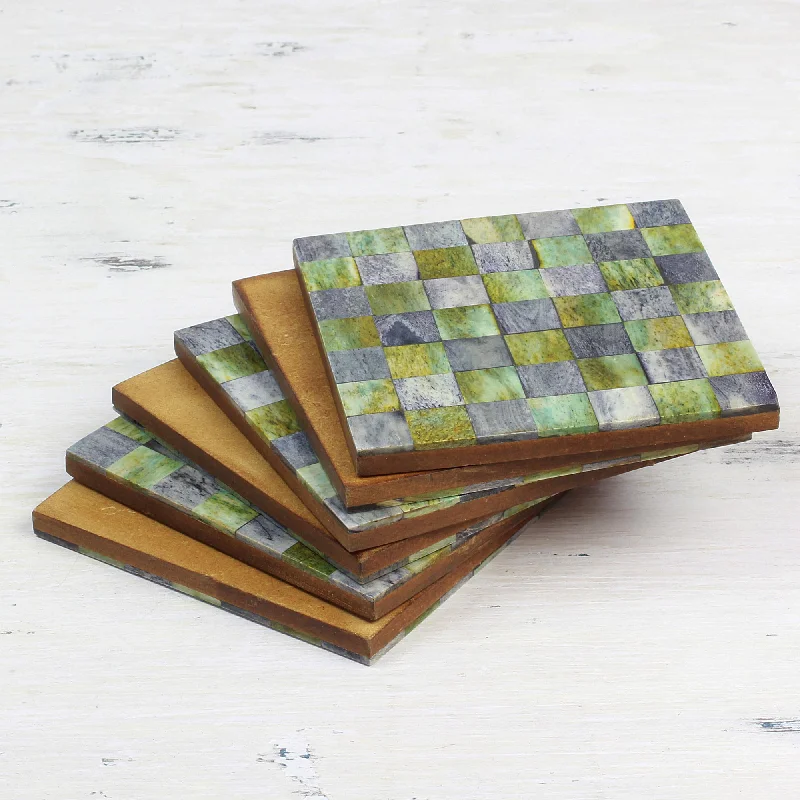 Earthy Checkers Six Green and Grey Checkerboard Bone Coasters from India