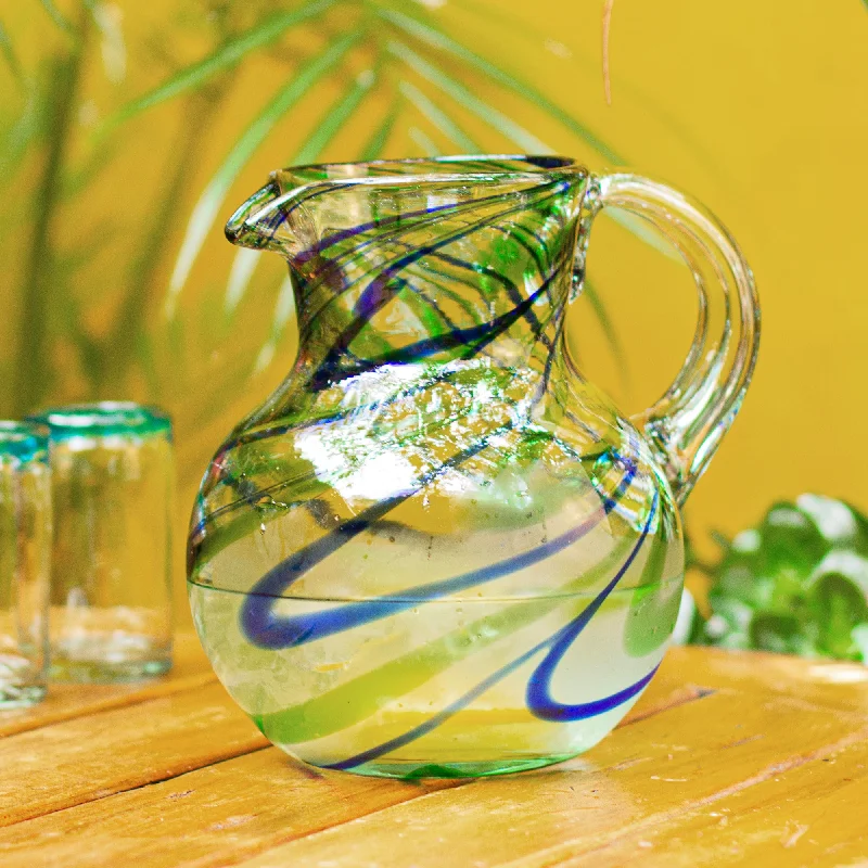 Elegant Energy Blue and Green Swirls Hand Blown Glass Pitcher (84 oz)