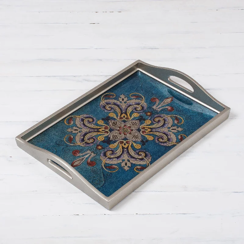 Enchanting Flowers in Blue Floral Reverse-Painted Glass Tray in Blue from Peru