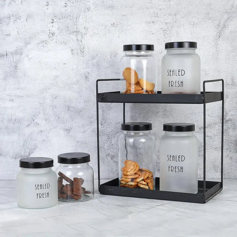 Frosted Glass Storage Jar With Black Lid | Set of 2, 4 & 6 | 1 Ltr