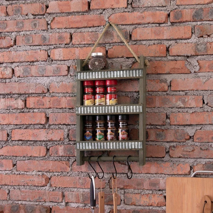 Gray Wood Hanging Spice Rack with Galvanized Metal Accents, Rustic Rope and Cooking Utensil Hooks