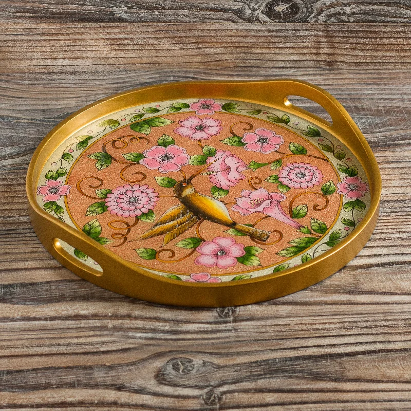 Highland Hummingbird in Rose Hummingbird Motif Reverse-Painted Glass Tray