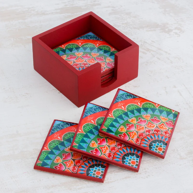 Home Delicacies Six Handcrafted Wood Coasters in Red from Costa Rica