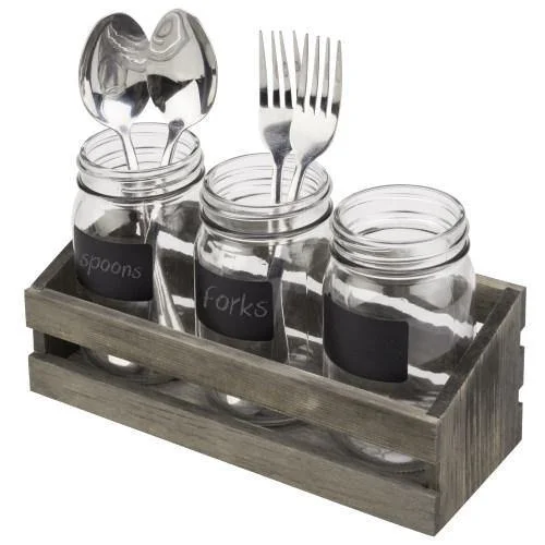 Gray Wood Utensil Organizer with 3 Mason Jars & Chalkboard Labels