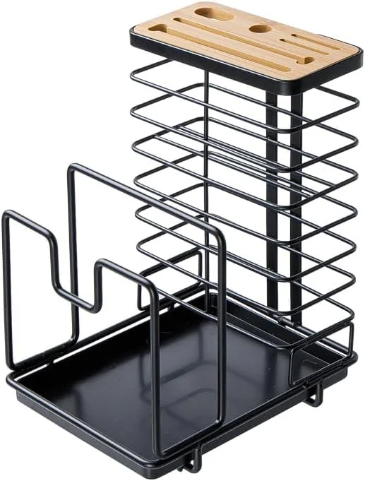 Knife Block Holder Pot Lid Rack Cutting Board Organizer Holder Drying Rack with Draining Tray, Black