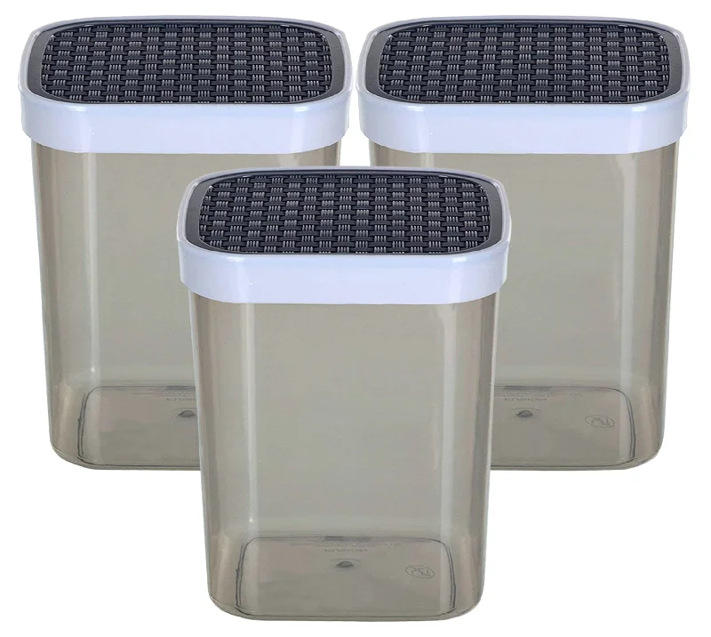 Kuber Industries Check Deisgn Lid Food Grade BPA Free Plastic Kitchen Container Set,1500ml, Set of 3 (Grey)