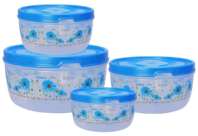 Kuber Industries Floral Transparent Plastic Food Storage Airtight Containers Kitchen Containers, Set of 4 (Blue)