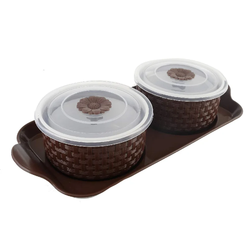 Kuber Industries Walnut Checkered Design Plastic Solitaire Dry Fruit Container with Tray Set with Lid & Serving Tray, 500 ml Plastic Grocery Container (Set of 3, Brown)-KUBMART11090