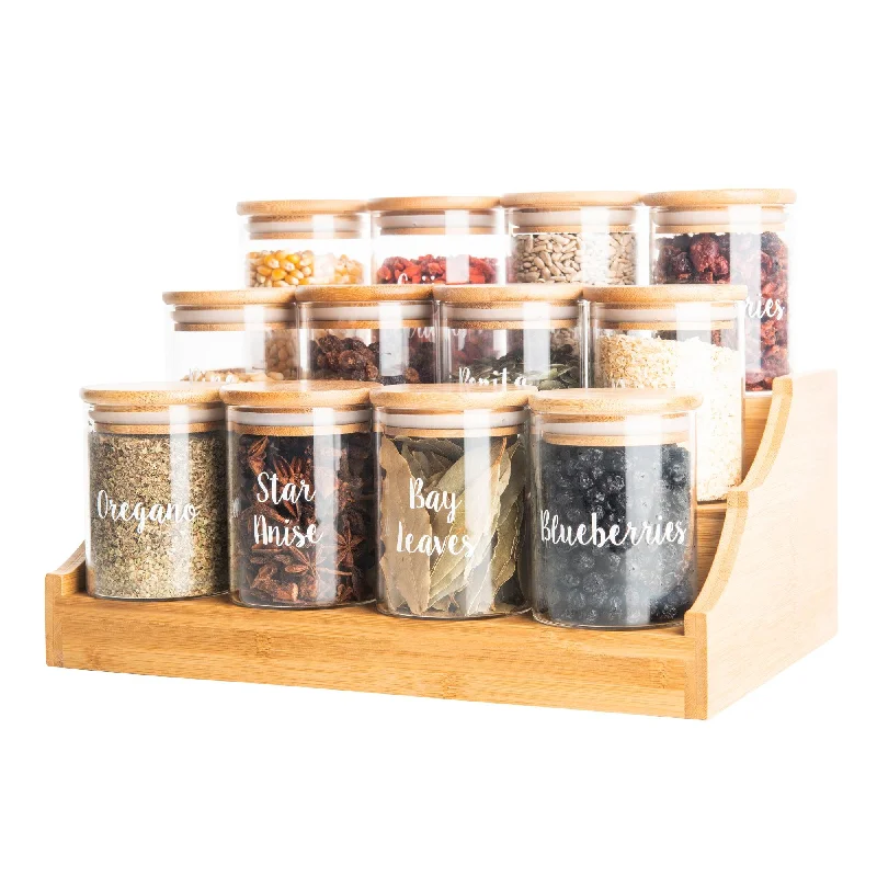 Large Bamboo Spice Shelf with 12 x 200ml Herb & Spice Jars Pack