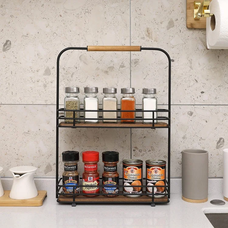 Matte Black Metal Frame, 2-Tier Spice Jar Display Storage Rack with Burnt Wood Shelves and Handle