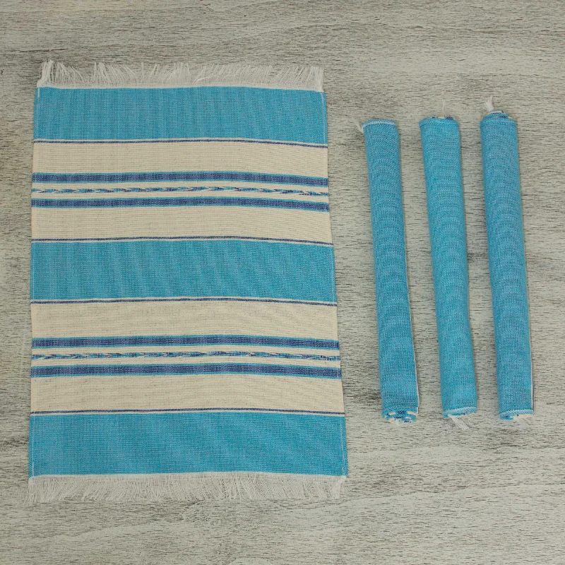 Oaxaca Sky Set of 4 Hand Woven Cotton Blue and Beige Zapotec Placemats