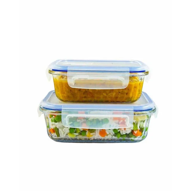 Plain Design Oblong Glass Containers With Air Tight Lid | Microwave Safe | Set Of 2