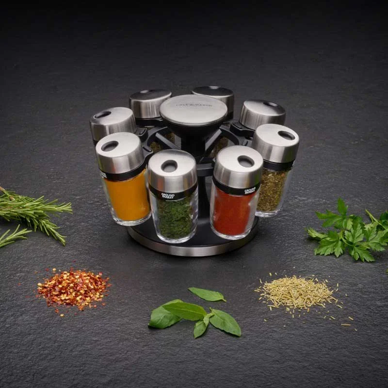 Cole & Mason Premium Filled Herb & Spice Carousel Jar Set | Set of 8 | 8 x 5 inches