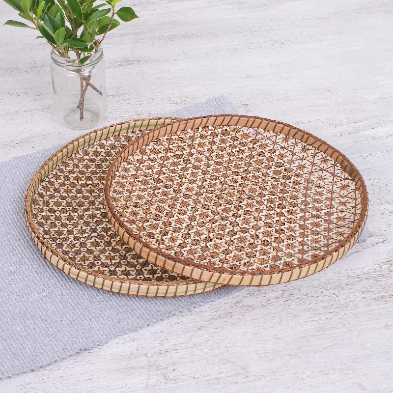 Presenting Pikul Set of 2 Handcrafted Woven Flower Motif Thai Rattan Trays