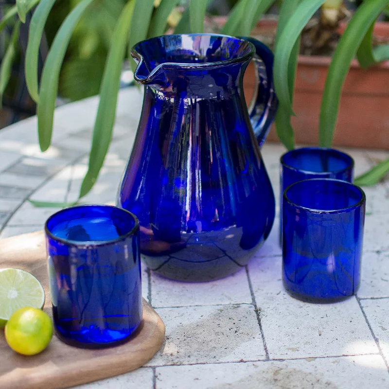 Pure Cobalt Blue Handcrafted Handblown Recycled Glass Pitcher