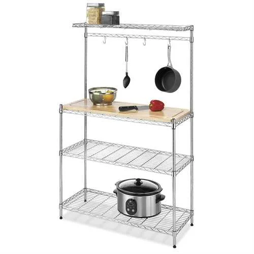 Modern Bakers Rack in Chrome with Removable Wood Cutting Board