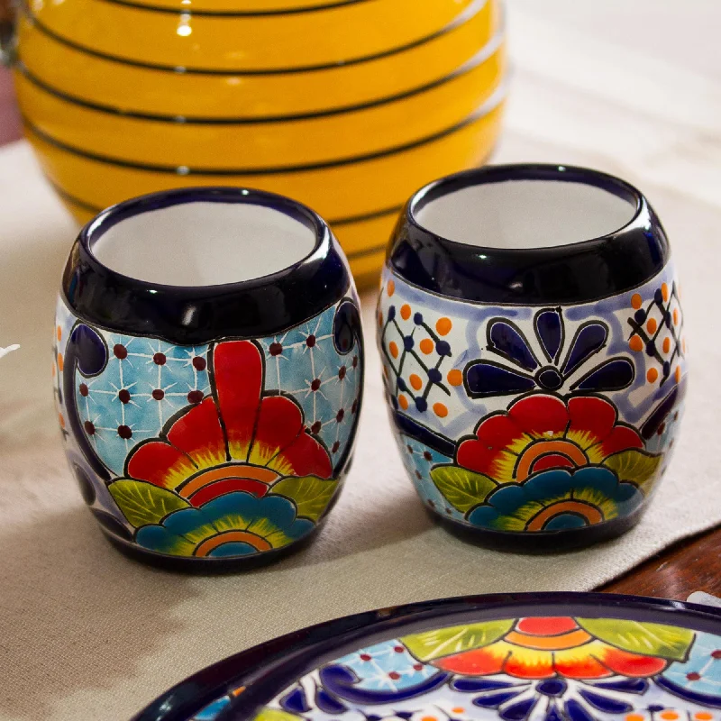 Raining Flowers Handmade Talavera Ceramic Juice Glasses from Mexico (Pair)