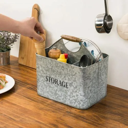 Rustic Galvanized Silver Metal Kitchen Organizer Caddy