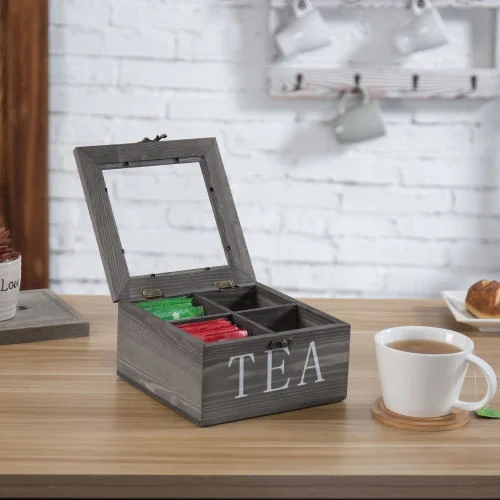 Rustic Gray Wood Tea Storage Box w/ Clear Lid