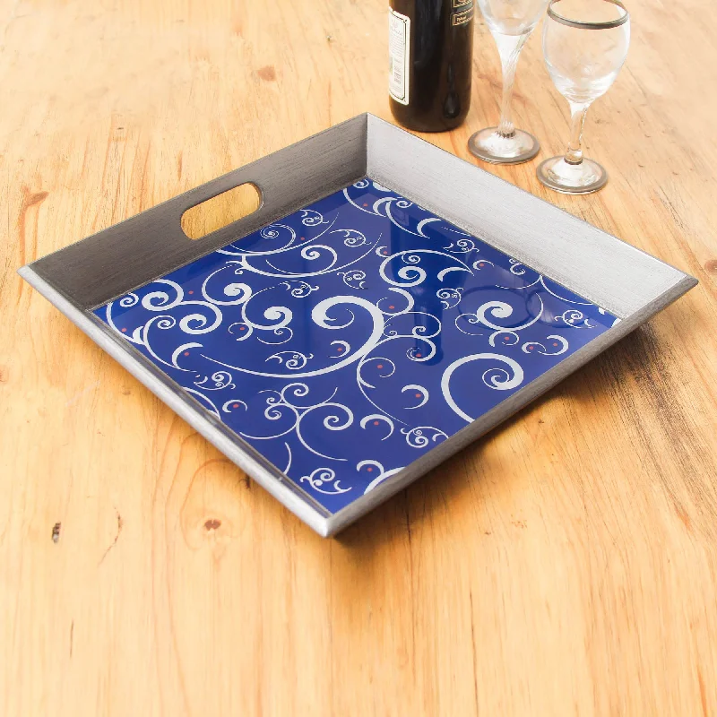 Scintillating Night Peruvian Hand Painted Glass Blue Silver Tray