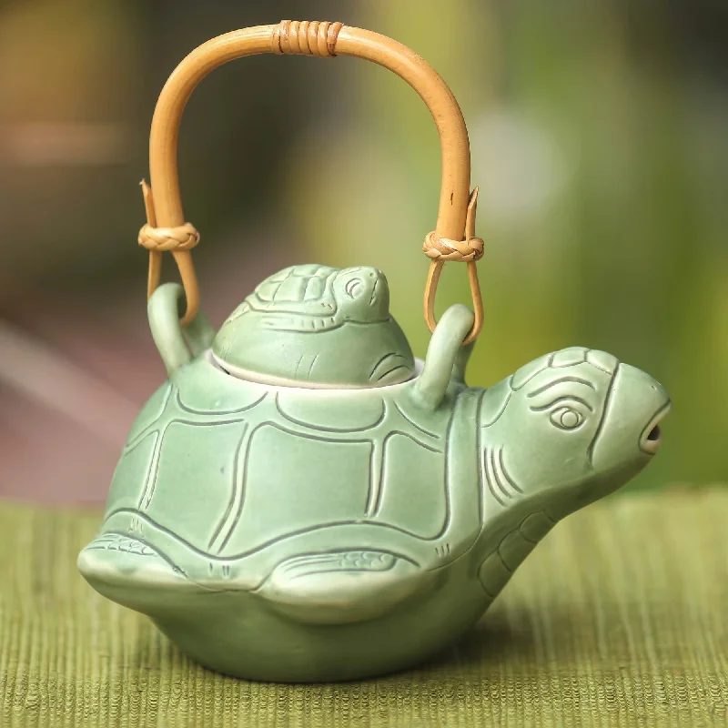 Sea Turtle Mother and Child Green Ceramic Teapot