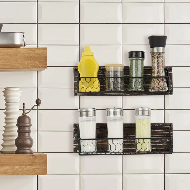 Hanging Wall Spice Rack with Black Wire and Torched Wood, Wall Mounted Seasoning Rack and Condiment Jar Holder, Set of 2