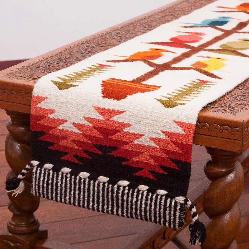 Songs of the Countryside Handwoven Wool Blend Bird-Themed Table Runner from Peru