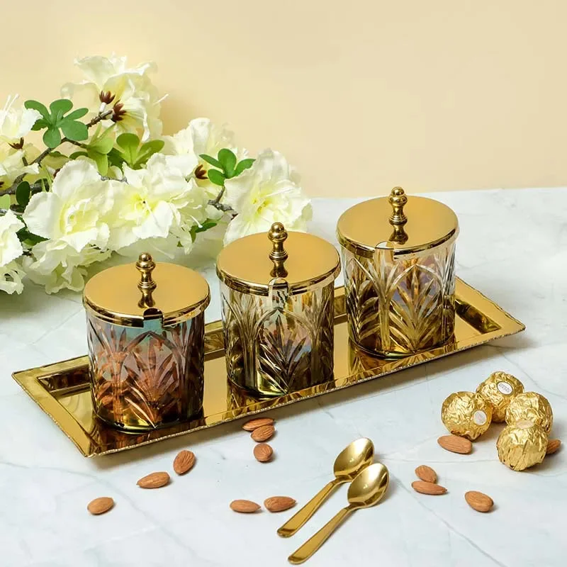 Sparkle Glass Jars with Brass Tray | Set of 3