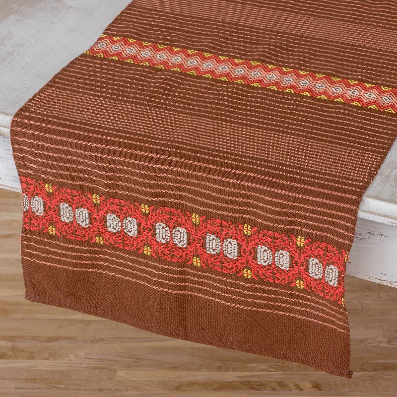 Striped Paths in Chestnut Striped Cotton Table Runner in Chestnut from Guatemala